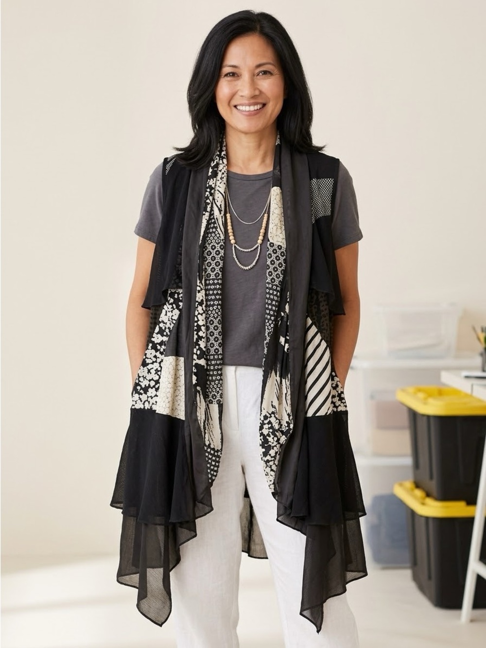 Paris Blues Asymmetrical Draped Open Vest Black White Mixed Print Size M